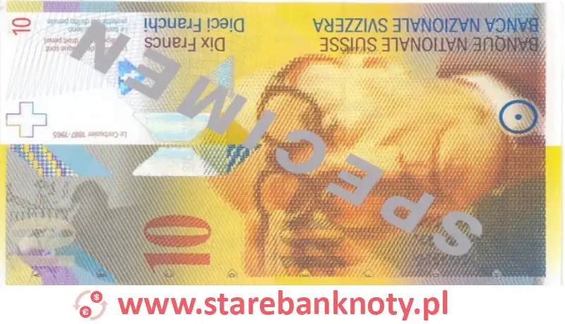 widok banknotu 10 franków szwajcarskich 8 seria awers