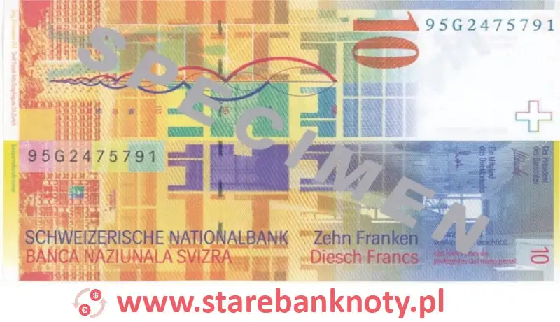 widok banknotu 10 franków szwajcarskich 8 seria rewers