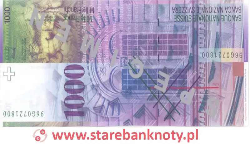 widok banknotu 1000 franków szwajcarskich 8 seria rewers