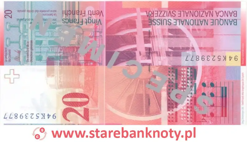 widok banknotu 20 franków szwajcarskich 8 seria rewers