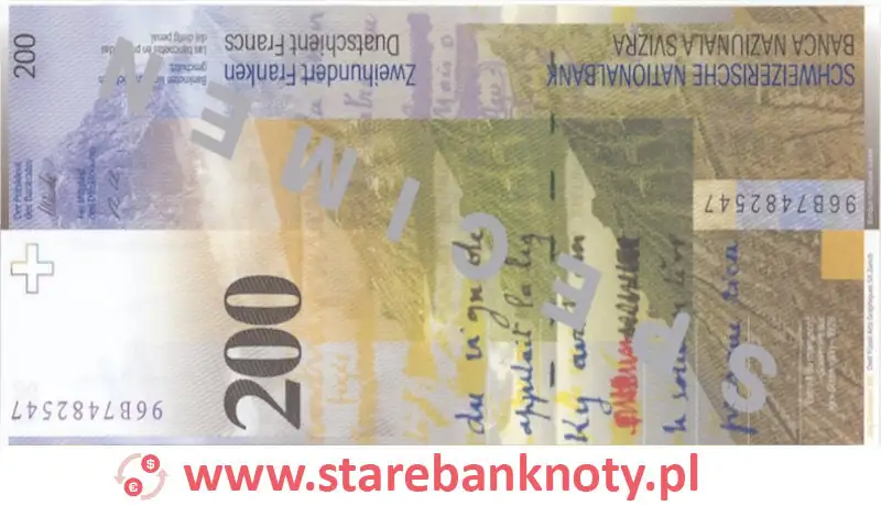 widok banknotu 200 franków szwajcarskich 8 seria rewers