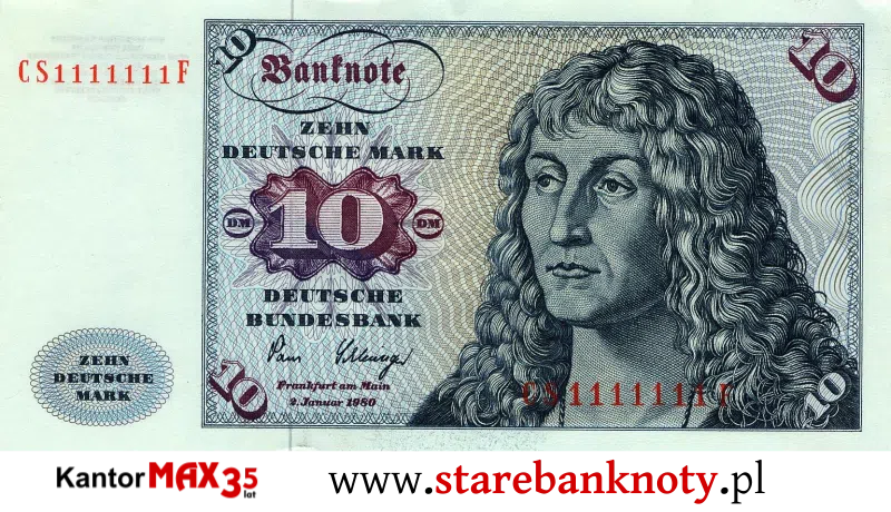 widok banknotu 10 marek niemieckich 1960 r. awers Seria BBk I