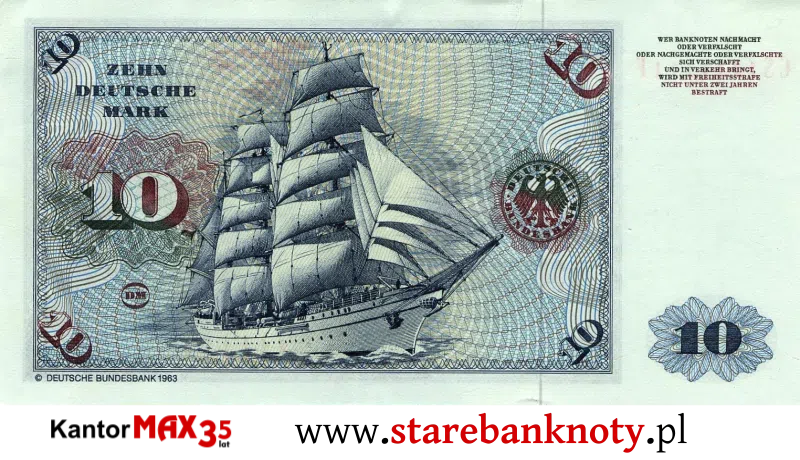 widok banknotu 10 marek niemieckich 1960 r. rewers Seria BBk I