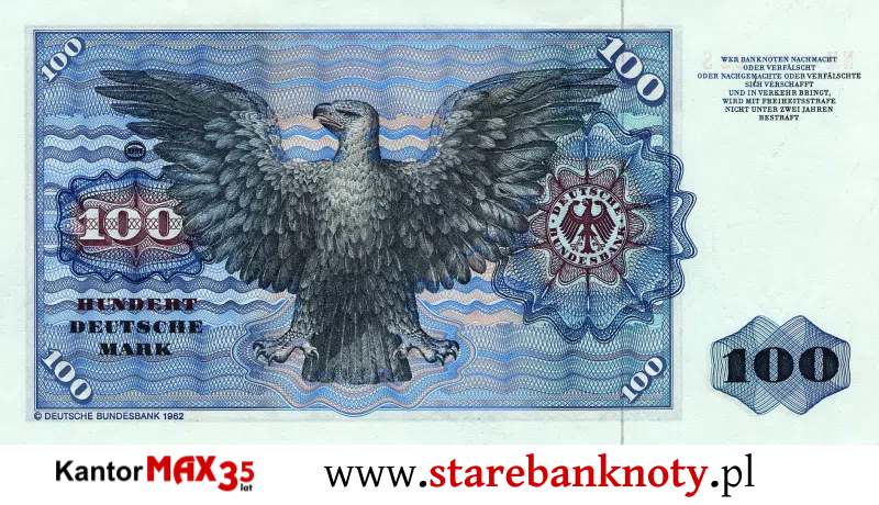 widok banknotu 100 marek niemieckich 1960 r. rewers Seria BBk I