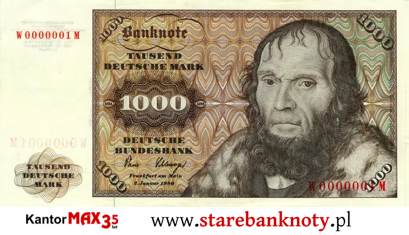 widok banknotu 1000 marek niemieckich 1960 r. awers Seria BBk I