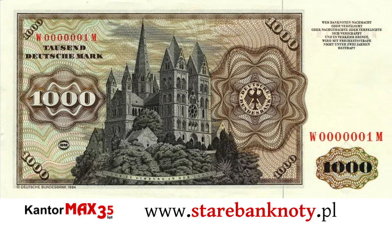 widok banknotu 1000 marek niemieckich 1960 r. rewers Seria BBk I