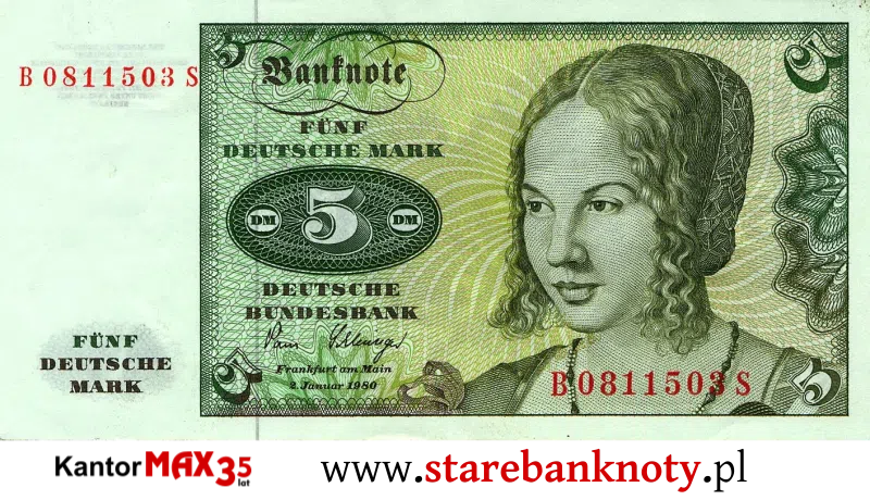 widok banknotu 5 marek niemieckich 1960 r. awers Seria BBk I