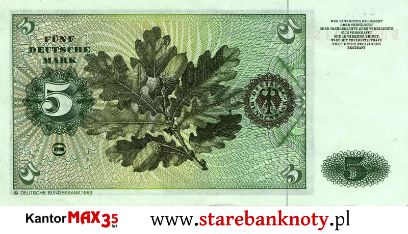 widok banknotu 5 marek niemieckich 1960 r. rewers Seria BBk I