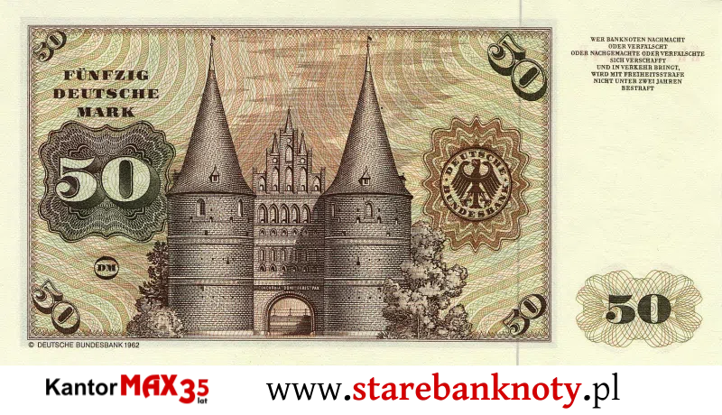 widok banknotu 50 marek niemieckich 1960 r. rewers Seria BBk I