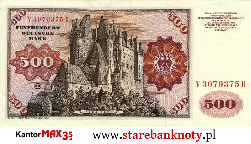 widok banknotu 500 marek niemieckich 1960 r. rewers Seria BBk I