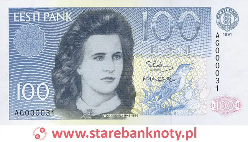 widok banknotu 100 koron estońskich awers
