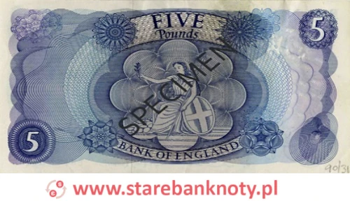 widok banknotu 5 funtów brytyjskich 1963 r. rewers