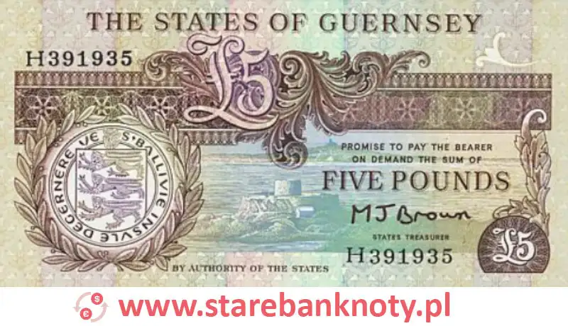 widok banknotu 5 funtów rewers seria : 1992 rok