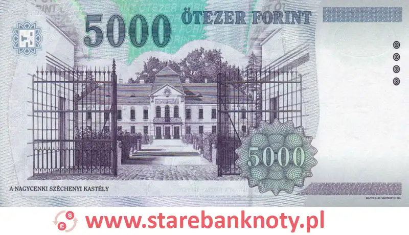 widok banknotu 5000 forintów węgierskich rewers