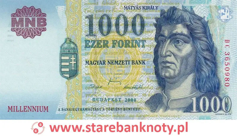 widok banknotu 1000 forintów węgierskich awers