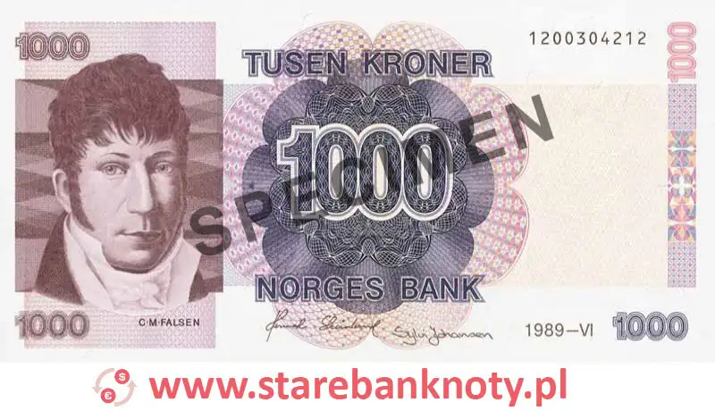 widok banknotu 1000 koron norweskich 1990 r. awers