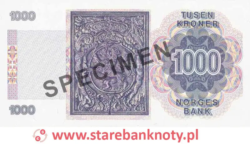 widok banknotu 1000 koron norweskich 1990 r. rewers