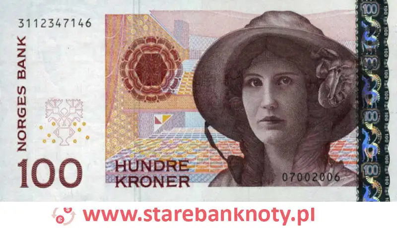 widok banknotu 100 koron norweskich 1997 r. awers
