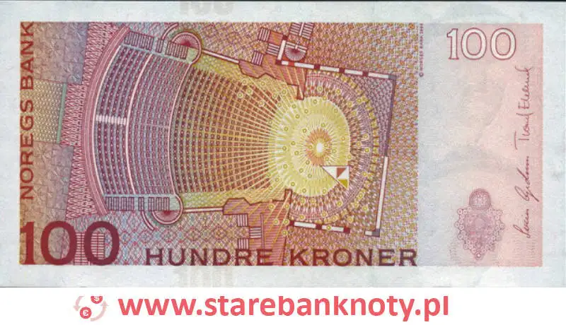 widok banknotu 100 koron norweskich 1997 r. rewers