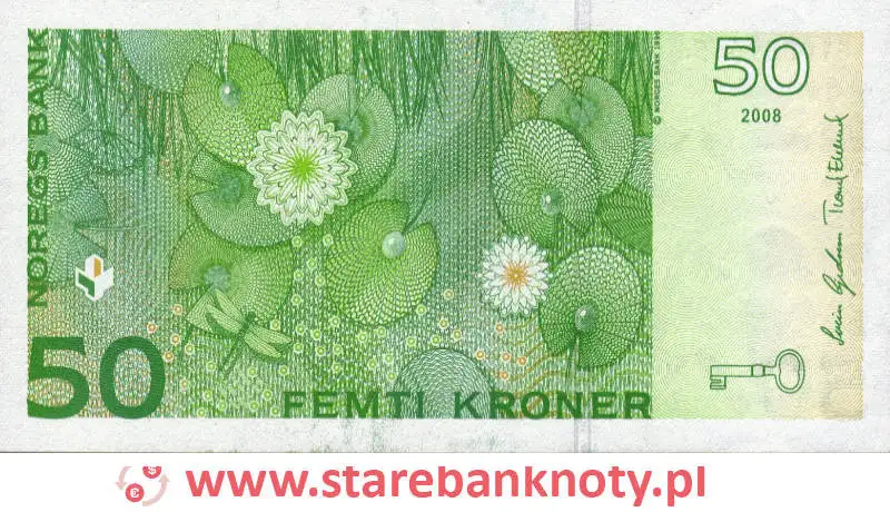 widok banknotu 50 koron norweskich 1997 r. rewers