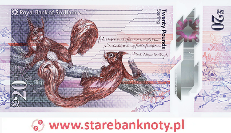 widok banknotu 20 funtów szkockich rewers seria : Fabric of Nature