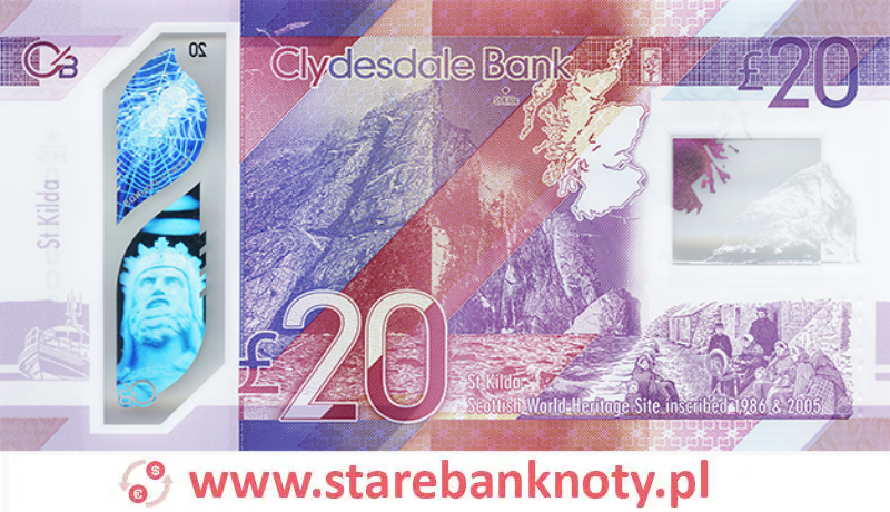 widok banknotu 20 funtów szkockich rewers seria : World Heritage ,polimer